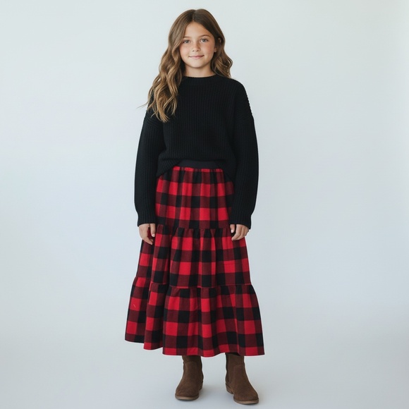 Mom and Pop's Kids Other - Skirt Flannel Girls M 8 Maxi Red Buffalo Plaid Ruffle Tier Mom and Pop's Kids